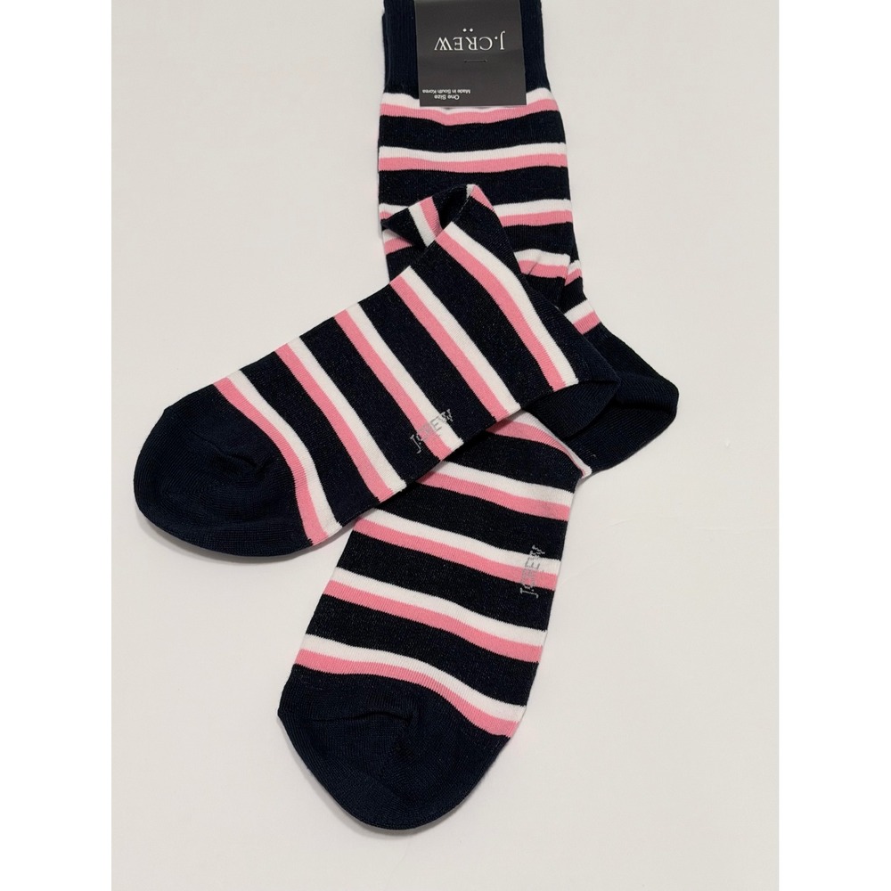 J.Crew Navy Pink White Striped Cotton Blend Crew Socks One Size BL8133